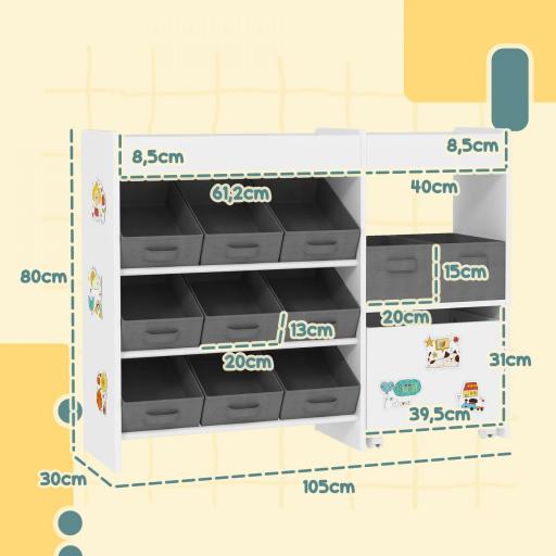 Organizador Infantil con 11 Cestas Extraíbles Compartimentos y Láminas de Pegatinas 105x30x80 cm Blanco [1]