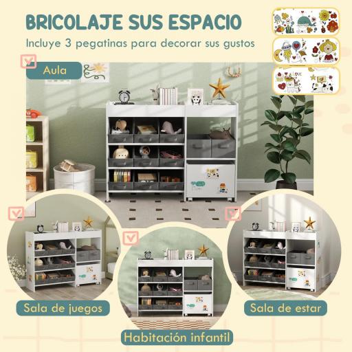 Organizador Infantil con 11 Cestas Extraíbles Compartimentos y Láminas de Pegatinas 105x30x80 cm Blanco [2]