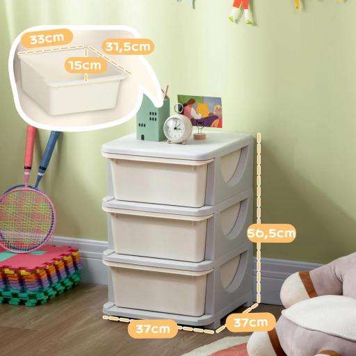Cajonera de Plástico Organizador para Niños con 3 Cajones Asas para Juguetes Ropa Libros 37x37x56,5 cm Beige [1]