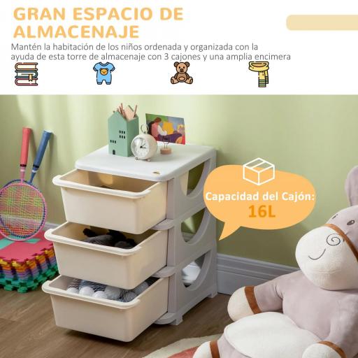 Cajonera de Plástico Organizador para Niños con 3 Cajones Asas para Juguetes Ropa Libros 37x37x56,5 cm Beige [3]