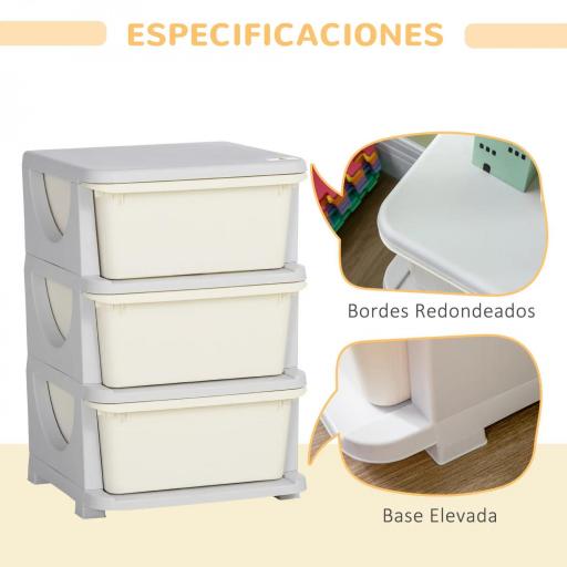 Cajonera de Plástico Organizador para Niños con 3 Cajones Asas para Juguetes Ropa Libros 37x37x56,5 cm Beige [4]