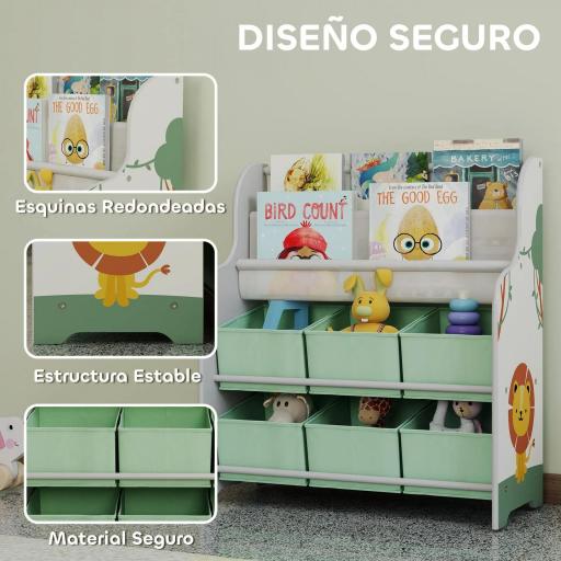 Estantería Infantil para Juguetes con 6 Cajas Extraíbles de Tela no Tejida y 2 Estantes para Guardería 63x30x71 cm Verde [1]