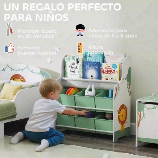 Estantería Infantil para Juguetes con 6 Cajas Extraíbles de Tela no Tejida y 2 Estantes para Guardería 63x30x71 cm Verde [2]