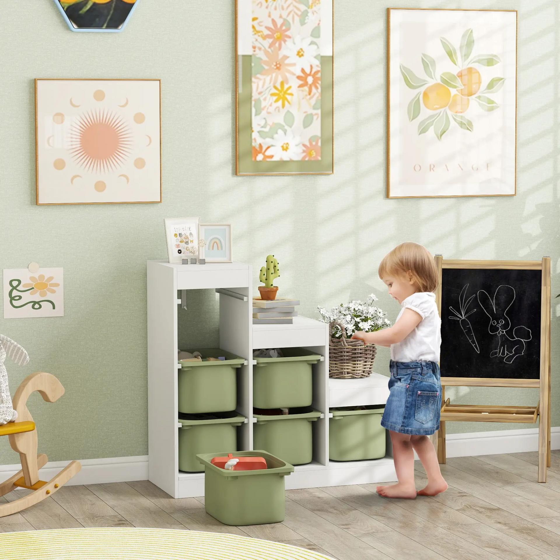 Mueble de almacenamiento para juguetes de niños con 6 contenedores extraíbles, 3 niveles de almacenamiento, 96 x 38,5 x 90, verde