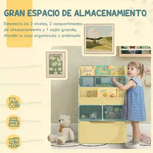 Estantería Infantil de Madera con 3 Compartimentos 2 Cubos y Cajón Móvil con 4 Ruedas 60x29,9x90 cm Verde [5]