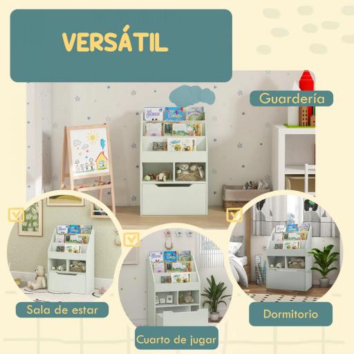 Estantería Infantil de Madera con 3 Compartimentos 2 Cubos y Cajón Móvil con 4 Ruedas 60x29,9x90 cm Verde [3]
