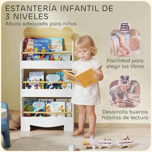 Estantería Infantil de 3 Niveles con Diseño de Osito Bordes Redondeados y Barreras de Seguridad para Libros y Juguetes [5]