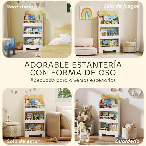 Estantería Infantil de 3 Niveles con Diseño de Osito Bordes Redondeados y Barreras de Seguridad para Libros y Juguetes [2]