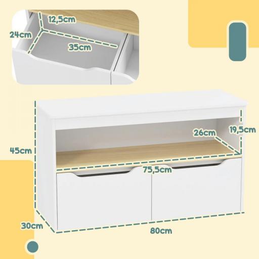 Estantería para Juguetes Infantil con 2 Cajones y Compartimento para Salón Dormitorio Sala de Juegos 80x30x45 cm Blanco [1]