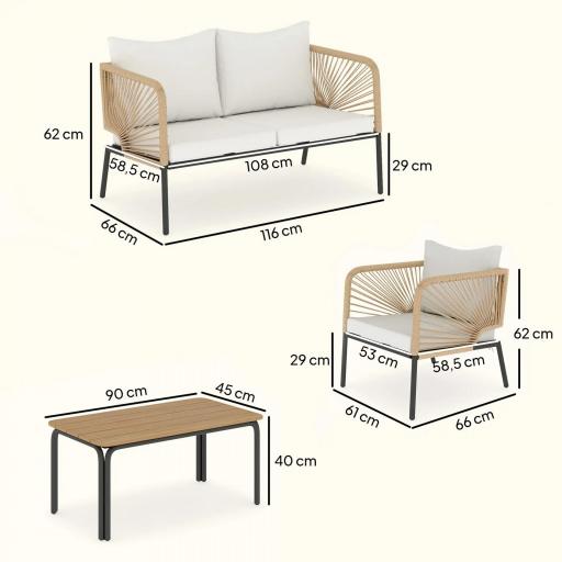 Conjunto Jardín Exterior de 4 Piezas con Sofá 2 Sillones y Mesa WPC Ratán PE Tipo Cuerda Cojines Acolchados Blanco [1]