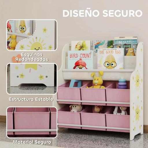 Estantería Infantil para Juguetes con 6 Cajas Extraíbles de Tela no Tejida y 2 Estantes para Guardería 63x30x71 cm Rosa [5]