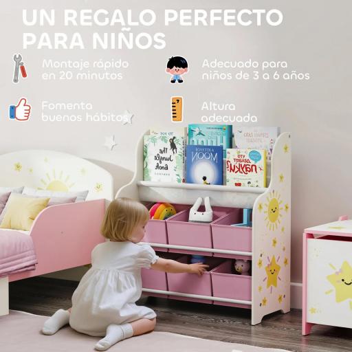 Estantería Infantil para Juguetes con 6 Cajas Extraíbles de Tela no Tejida y 2 Estantes para Guardería 63x30x71 cm Rosa [3]