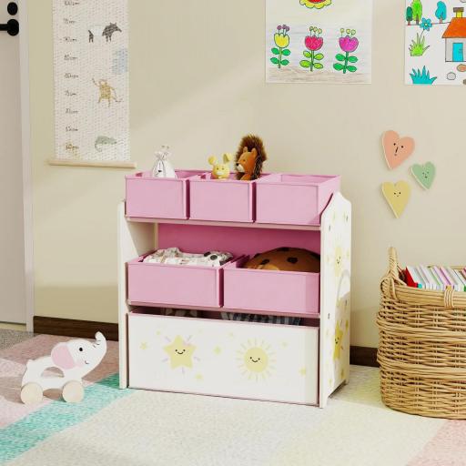Estantería Infantil para Juguetes de 3 Niveles con 6 Cajas Extraíbles de Tela no Tejida para Guardería 63x30x66 cm Rosa [2]
