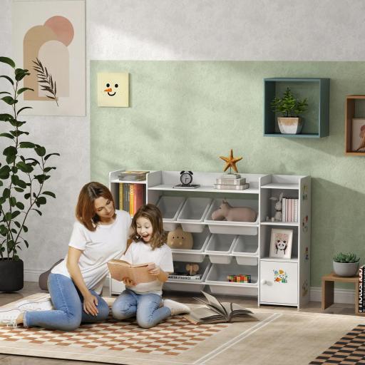 Mueble de almacenamiento infantil, estantería de almacenamiento para juguetes infantiles con 8 contenedores extraíbles, 140x30x90 cm, blanco