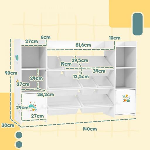 Mueble de almacenamiento infantil, estantería de almacenamiento para juguetes infantiles con 8 contenedores extraíbles, 140x30x90 cm, blanco [2]