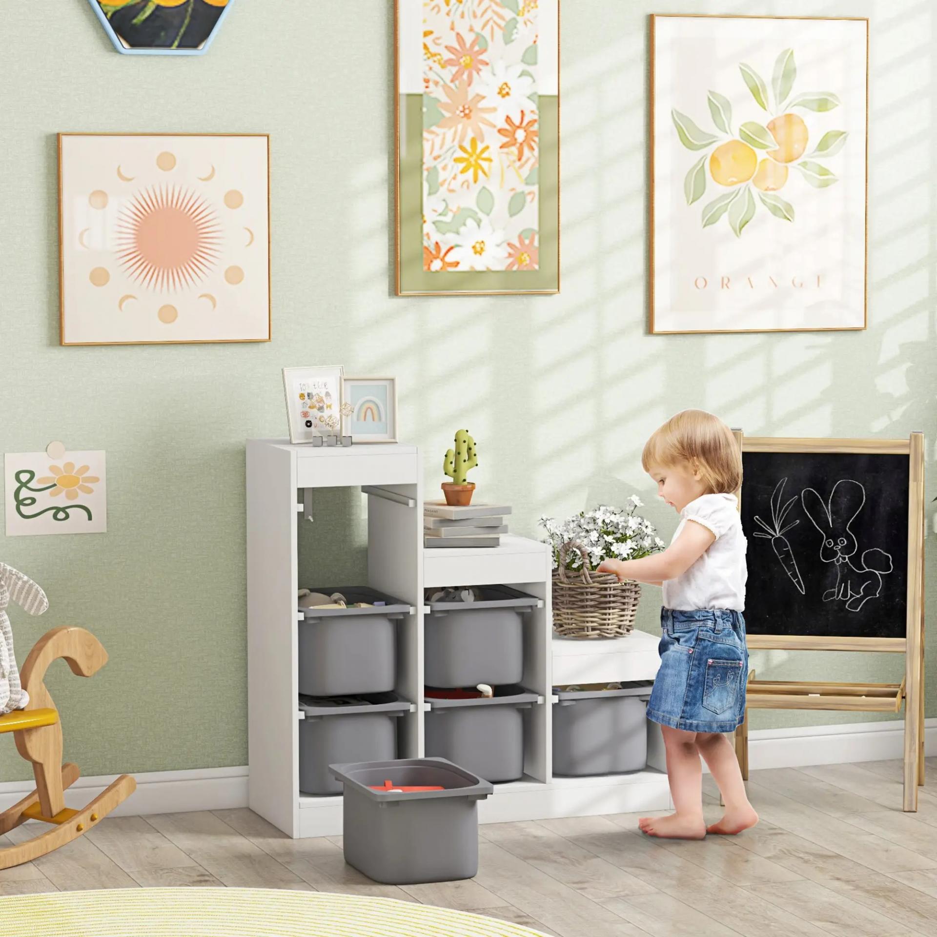 Mueble de Almacenamiento para Juguetes de Niños con 6 Contenedores Extraíbles, 3 Niveles de Almacenamiento, 96x38,5x90, Gris