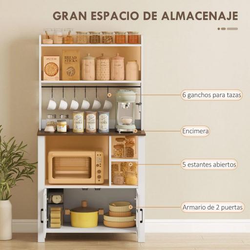 Alacena de Cocina con 6 Ganchos para Tazas 2 Puertas de Vidrio Estantes Abiertos 80x40x152 cm Blanco [2]