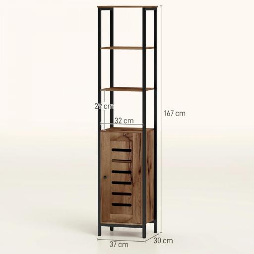 Columna de Baño Estrecha con Puerta de Lamas Estantes Ajustables Compartimentos Abiertos 37x30x167 cm Marrón Rústico [1]