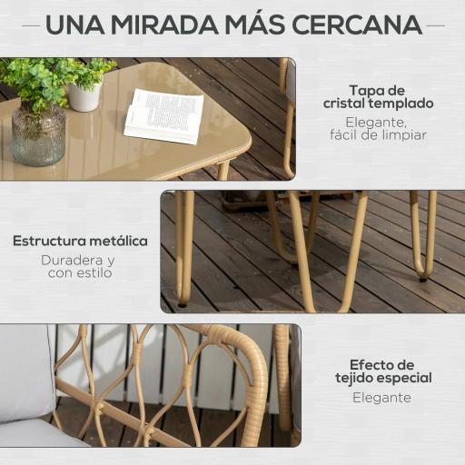 Conjunto de Jardín de Ratán Sintético con Sofá Doble 2 Sillones y Mesa de Centro con Encimera de Cristal y Cojines [4]