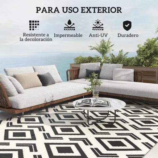 Alfombra de Exterior Reversible 182x274 cm con Patrón Geométrico Impermeable con Bolsa Blanco y Negro [4]
