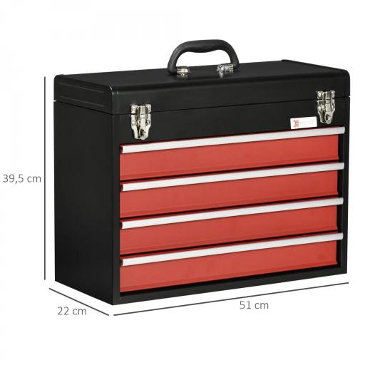 Caja de Herramientas de Acero con 4 Cajones Bandeja Tapa Abatible y Cierres Metálicos 51x22x39,5 cm Negro y Rojo [1]