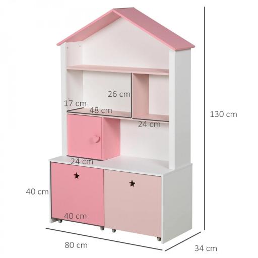 Estantería de Madera Infantil Librería para Niños con 4 Compartimentos 1 Puerta y 2 Cajones Extraíbles con Ruedas para Libros Juguetes 80x34x130 cm Rosa y Blanco [1]