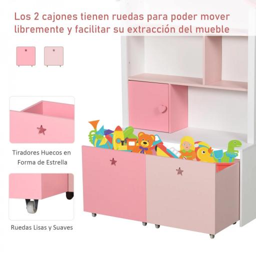 Estantería de Madera Infantil Librería para Niños con 4 Compartimentos 1 Puerta y 2 Cajones Extraíbles con Ruedas para Libros Juguetes 80x34x130 cm Rosa y Blanco [9]