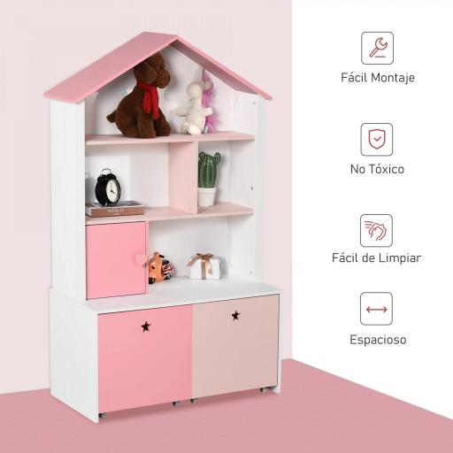 Estantería de Madera Infantil Librería para Niños con 4 Compartimentos 1 Puerta y 2 Cajones Extraíbles con Ruedas para Libros Juguetes 80x34x130 cm Rosa y Blanco [4]