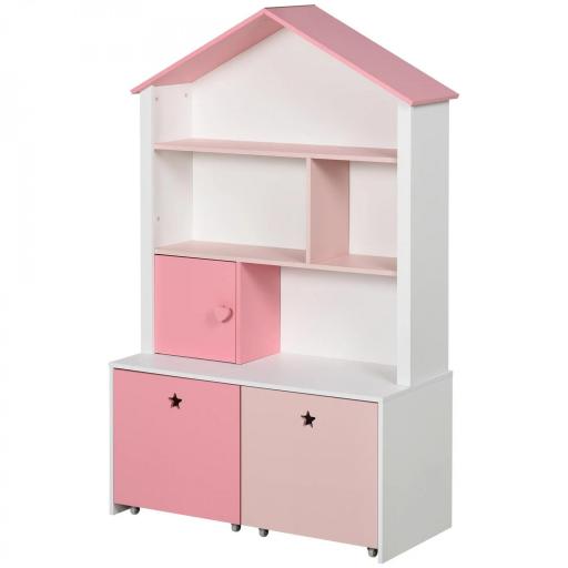 Estantería de Madera Infantil Librería para Niños con 4 Compartimentos 1 Puerta y 2 Cajones Extraíbles con Ruedas para Libros Juguetes 80x34x130 cm Rosa y Blanco [2]