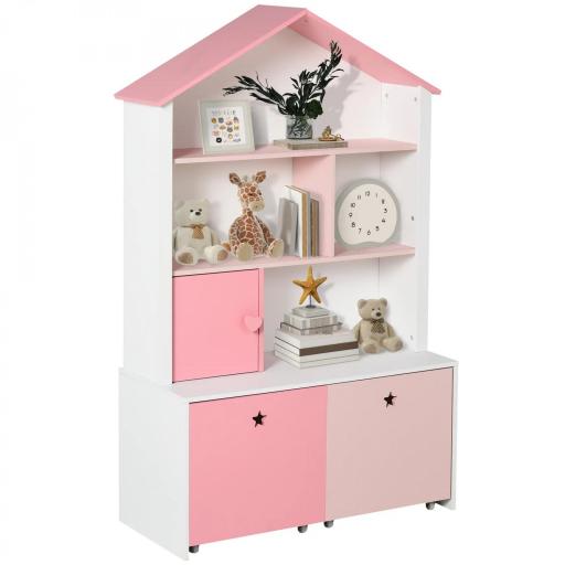 Estantería de Madera Infantil Librería para Niños con 4 Compartimentos 1 Puerta y 2 Cajones Extraíbles con Ruedas para Libros Juguetes 80x34x130 cm Rosa y Blanco [6]
