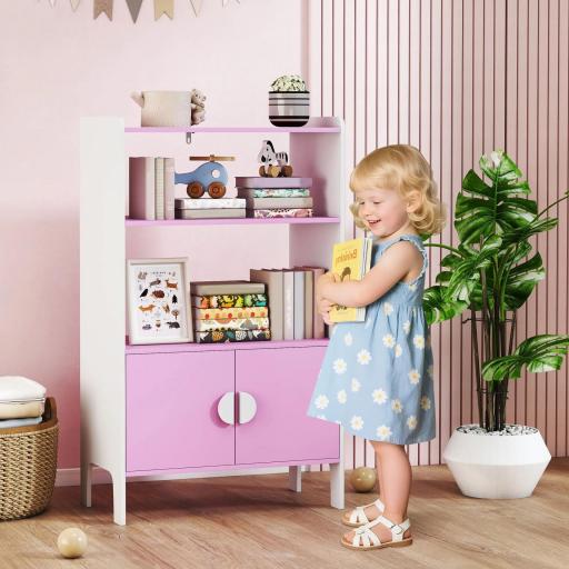 Estante de libros para niños, 2 Estantes, 2 Armarios, independiente, Diseño Antivuelco, Patas Antideslizantes, MDF Rosa+Blanco