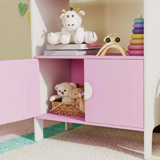 Estante de libros para niños, 2 Estantes, 2 Armarios, independiente, Diseño Antivuelco, Patas Antideslizantes, MDF Rosa+Blanco [1]