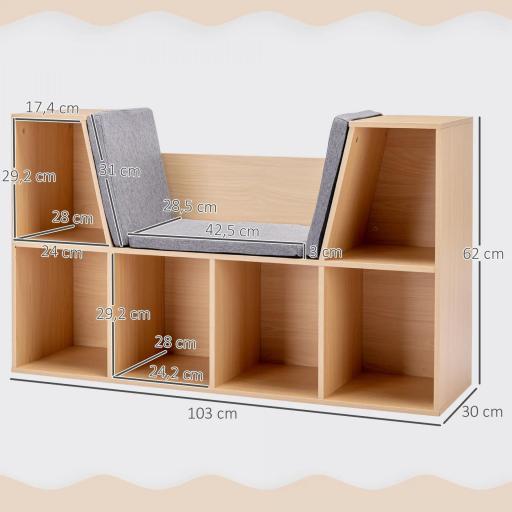  2 en 1 Estantería para niños + Banco con Cojín 103x30x62 cm Blanco + Gris [6]