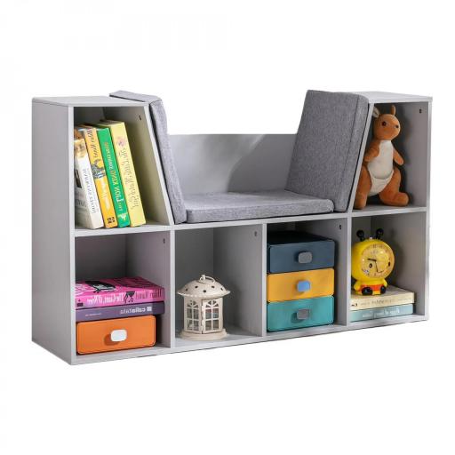 Estantería Infantil 2 en 1 + Banqueta con Cojines 103x30x62 cm Blanco + Gris [2]