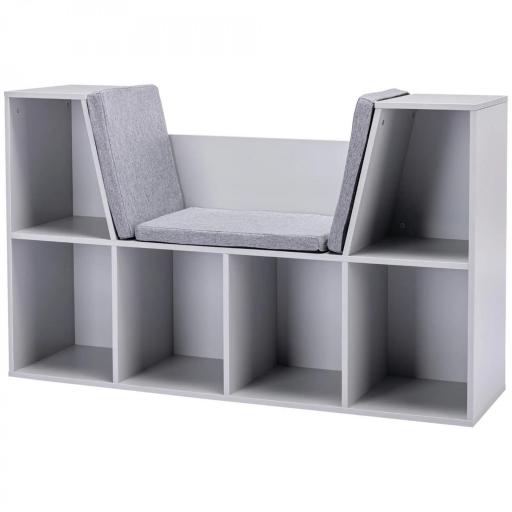 Estantería Infantil 2 en 1 + Banqueta con Cojines 103x30x62 cm Blanco + Gris [1]