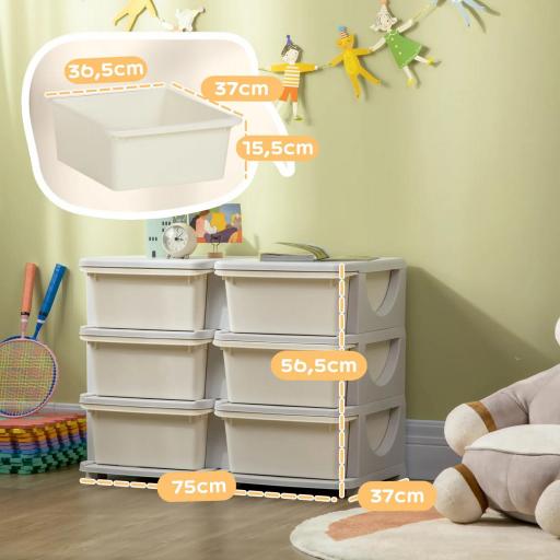 Torre de Almacenamiento Infantil con 6 Cajones Organizador de Juguetes con Bordes Redondeados y Asas 75x37x56,5 cm Crema [1]