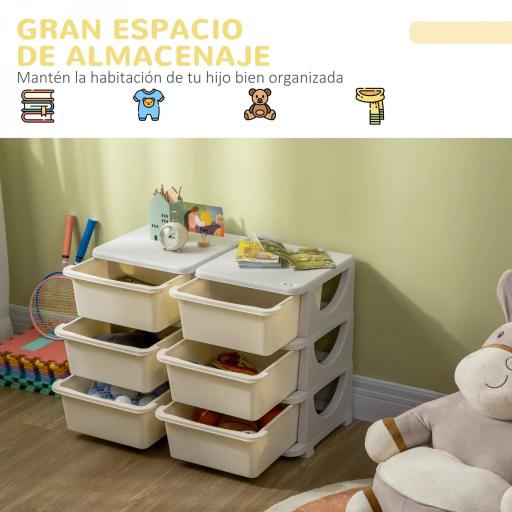 Torre de Almacenamiento Infantil con 6 Cajones Organizador de Juguetes con Bordes Redondeados y Asas 75x37x56,5 cm Crema [2]