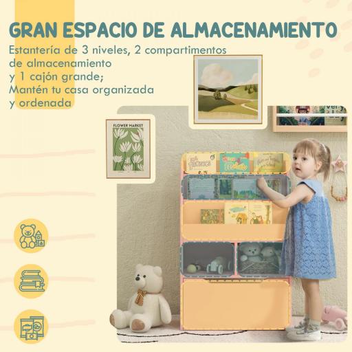 Estantería Infantil de Madera con 3 Compartimentos 2 Cubos y Cajón Móvil con 4 Ruedas 60x29,9x90 cm Rosa [2]
