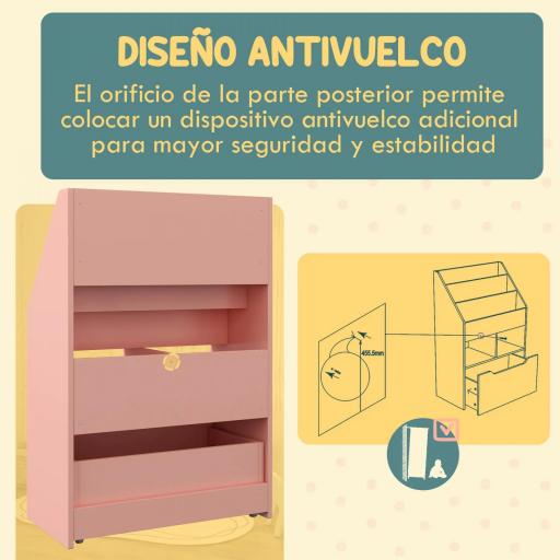 Estantería Infantil de Madera con 3 Compartimentos 2 Cubos y Cajón Móvil con 4 Ruedas 60x29,9x90 cm Rosa [3]