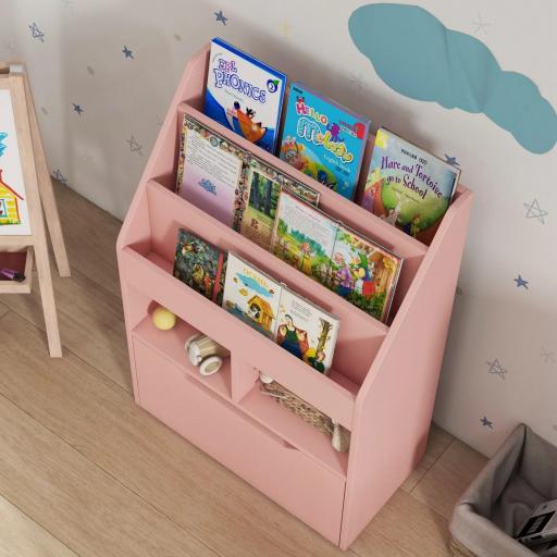 Estantería Infantil de Madera con 3 Compartimentos 2 Cubos y Cajón Móvil con 4 Ruedas 60x29,9x90 cm Rosa [7]