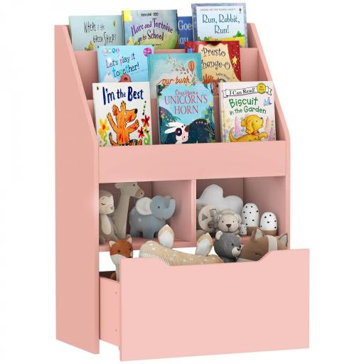 Estantería Infantil de Madera con 3 Compartimentos 2 Cubos y Cajón Móvil con 4 Ruedas 60x29,9x90 cm Rosa [8]