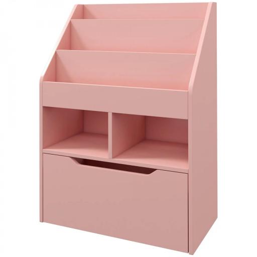 Estantería Infantil de Madera con 3 Compartimentos 2 Cubos y Cajón Móvil con 4 Ruedas 60x29,9x90 cm Rosa [6]
