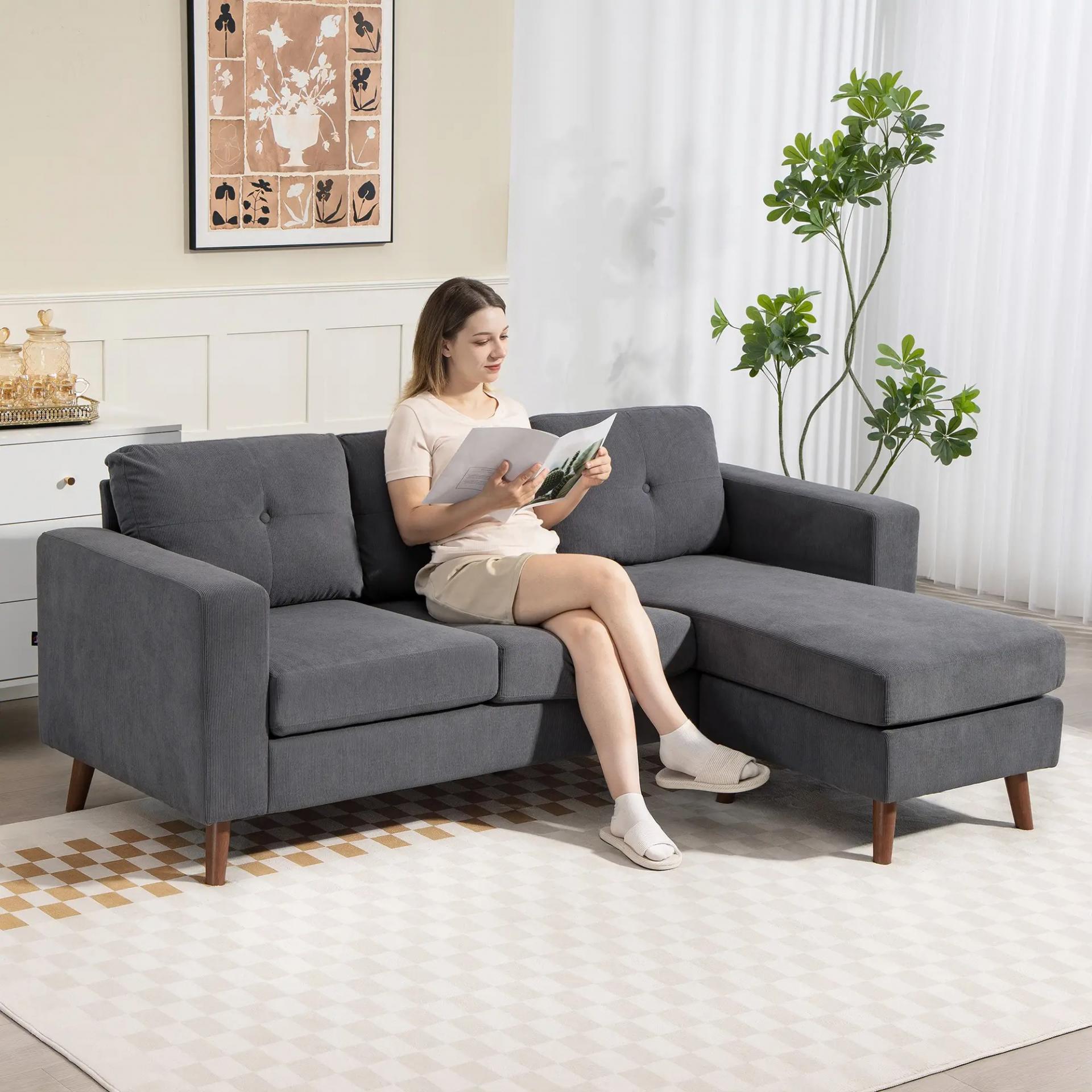 Sofá Chaise Longue Reversible de 3 Plazas Tapizado en Pana Marco de Acero para Espacios Reducidos Gris Oscuro