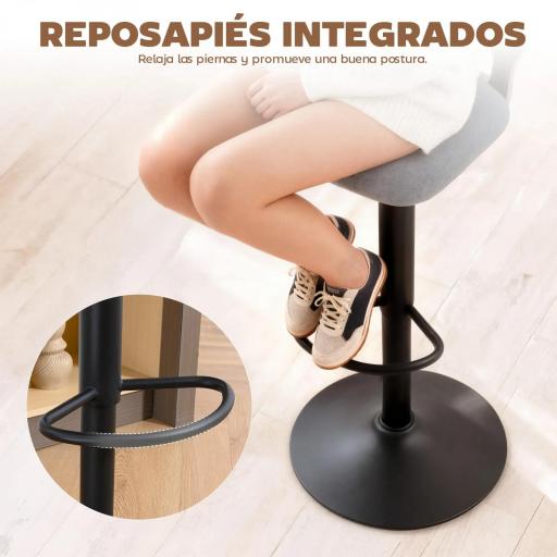 Juego de 2 Taburetes de Bar Giratorios en 360° Regulables en Altura de 84-105 cm Respaldo Hueco Reposapiés Gris [6]