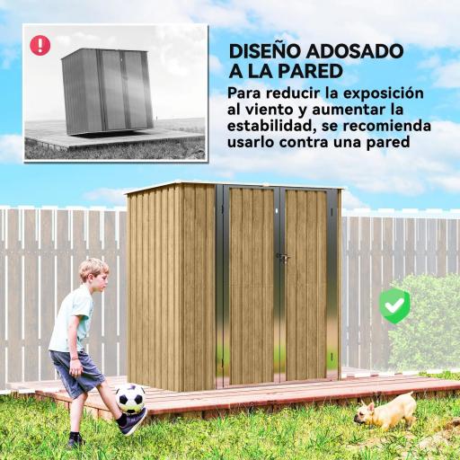 Cobertizo de Jardín Exterior Metálico 1,37 m² 163x89x163 cm con Techo Inclinado, Puertas con Pestillo y Guantes Marrón [6]