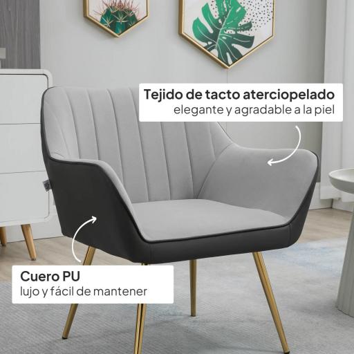 Silla de Cuero Sintético y Terciopelo con Respaldo a Rayas Patas Doradas y Asiento Acolchado para Salón Dormitorio Gris [2]