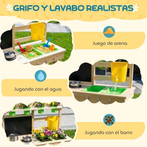 Cocina de Juguete Exterior de Madera con Macetas Fregaderos Grifo Utensilios de Acero Inoxidable Natural [5]