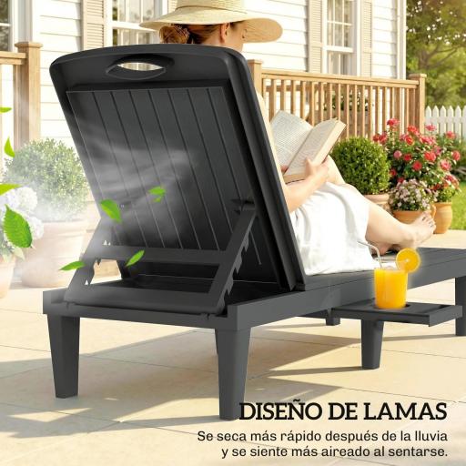 Conjunto de 2 Tumbonas Reclinables de Plástico PP con Bandeja Lateral Respaldo Ajustable 5 Niveles 192x57x28,5 cm Gris [6]