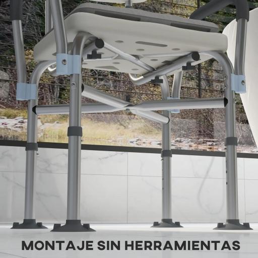Silla Ducha Personas Mayores con Respaldo Reposabrazos Altura Ajustable Cojín Acolchado Extraíble Carga 136 kg Gris [3]