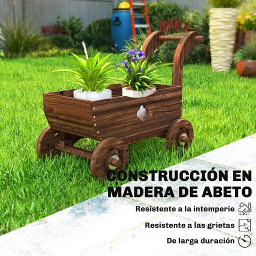 Carretilla de Madera Decorativa Jardinera Elevada con 4 Ruedas Asa Orificios de Drenaje 68x38x52 cm Carbonizado [6]